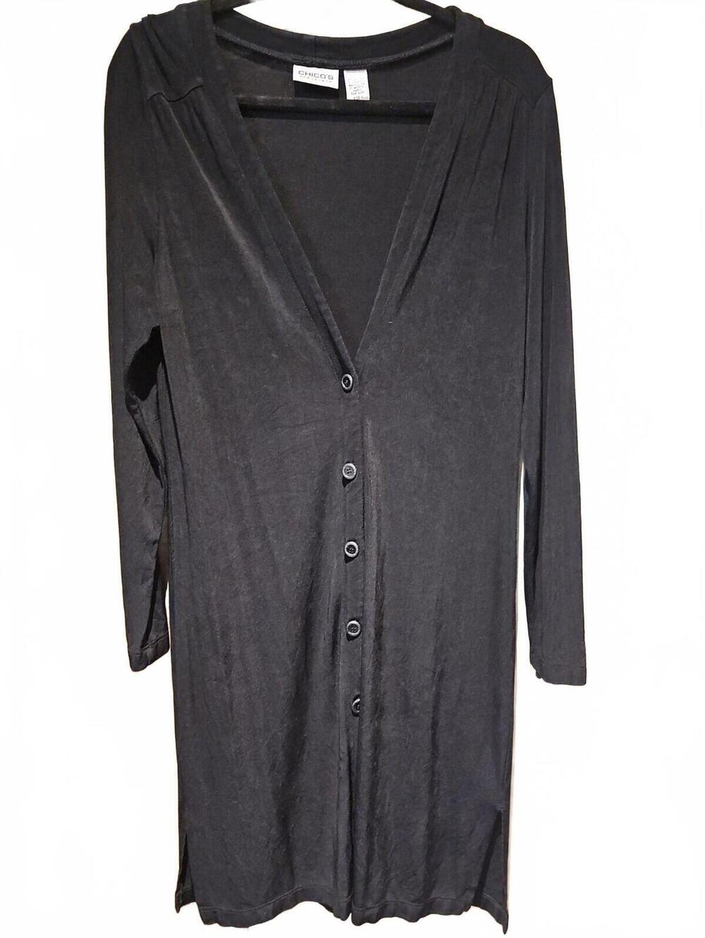 Chicos Travelers Midi Dress Womens Size 1 (Med 8/10) Black Button Up Long Sleeve